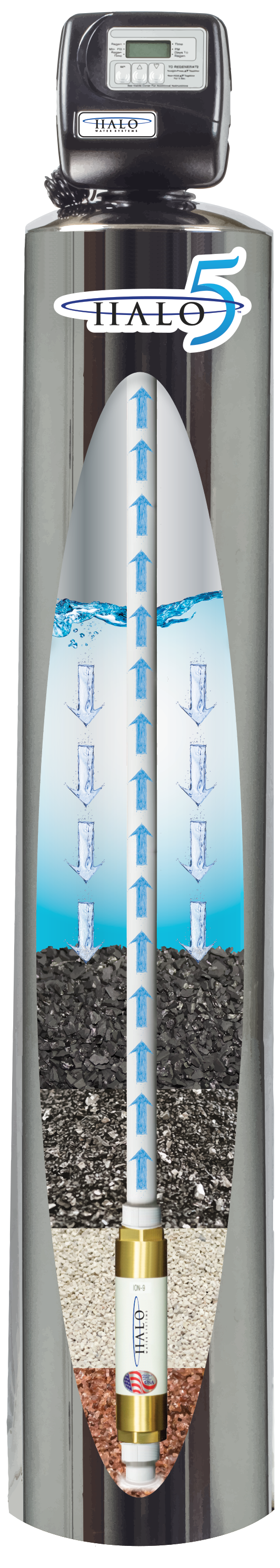 HALO 5 tank cutaway showing its filtration media and inline conditioner