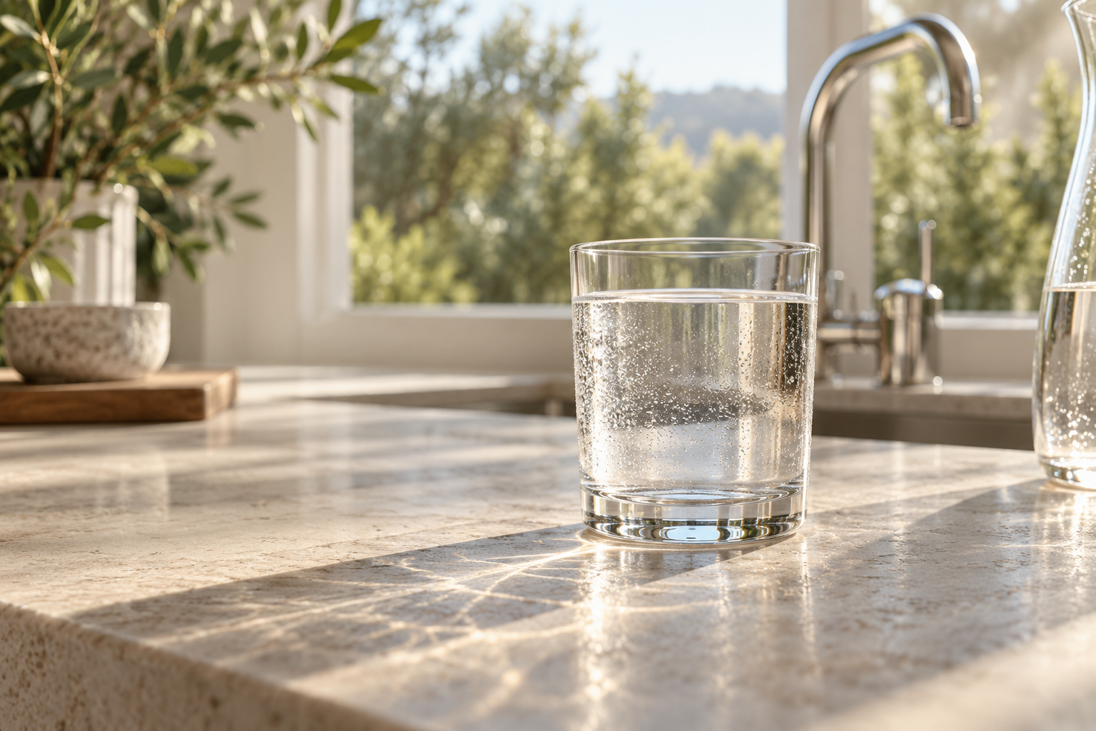 A clear glass of water catching the morning light in a sunlit home kitchen